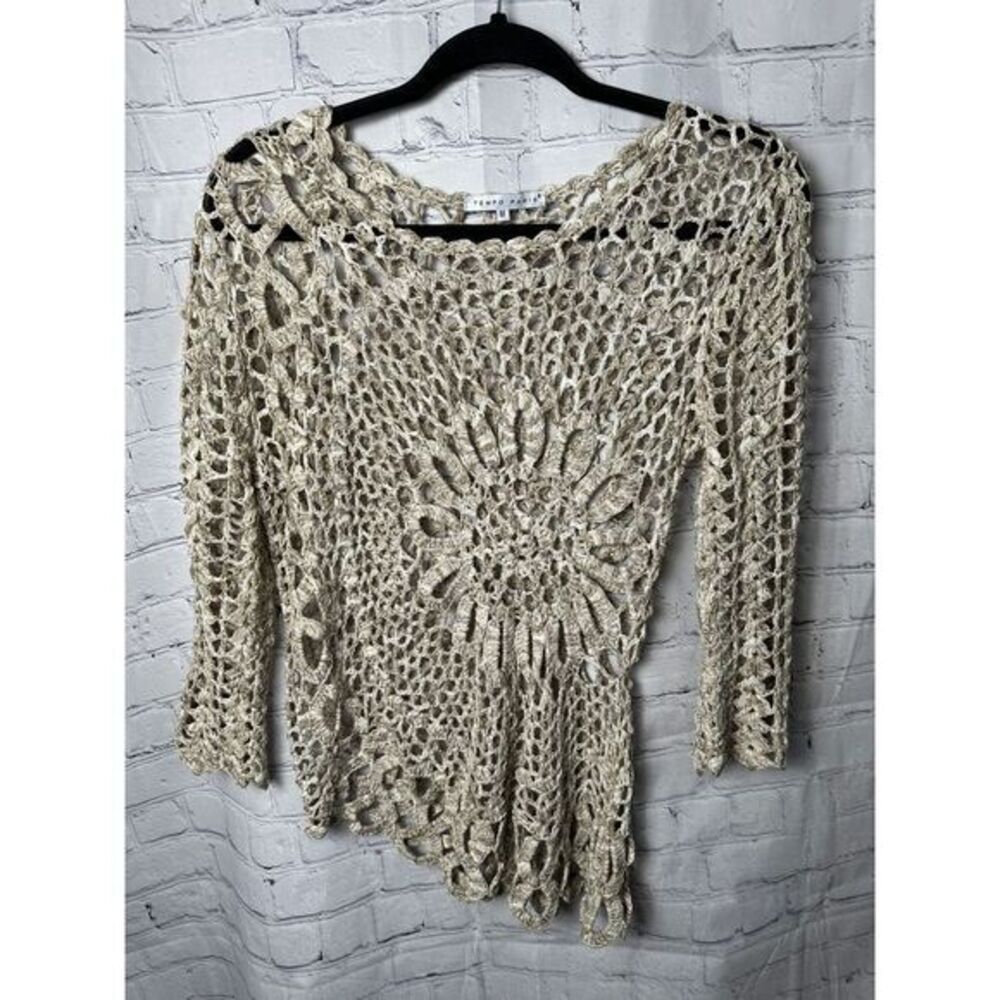Tempo Paris Beige Crochet Knit Boho Top Floral‎ Pattern Long Sleeve